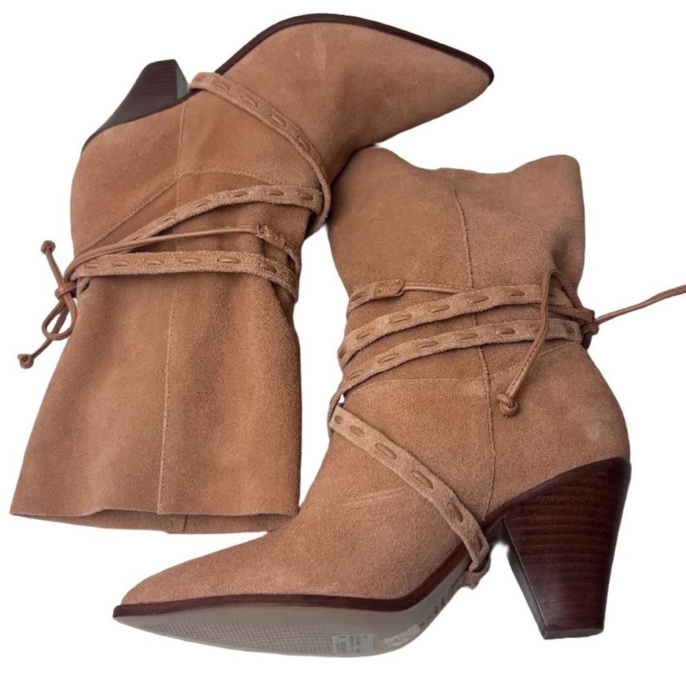 Schutz Portia Suede Ankle Boots Honey Peach Tan Leather Wrap Straps Size 6B - Picture 5 of 9